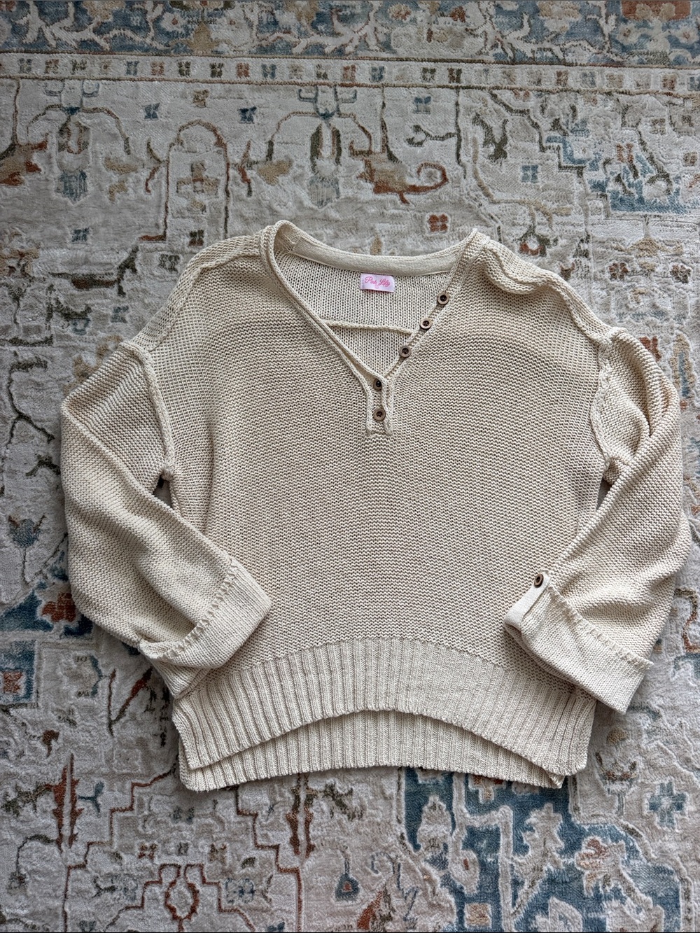Pink Lily Cream V-Neck Button Accent Knit Sweater oversized SMALL